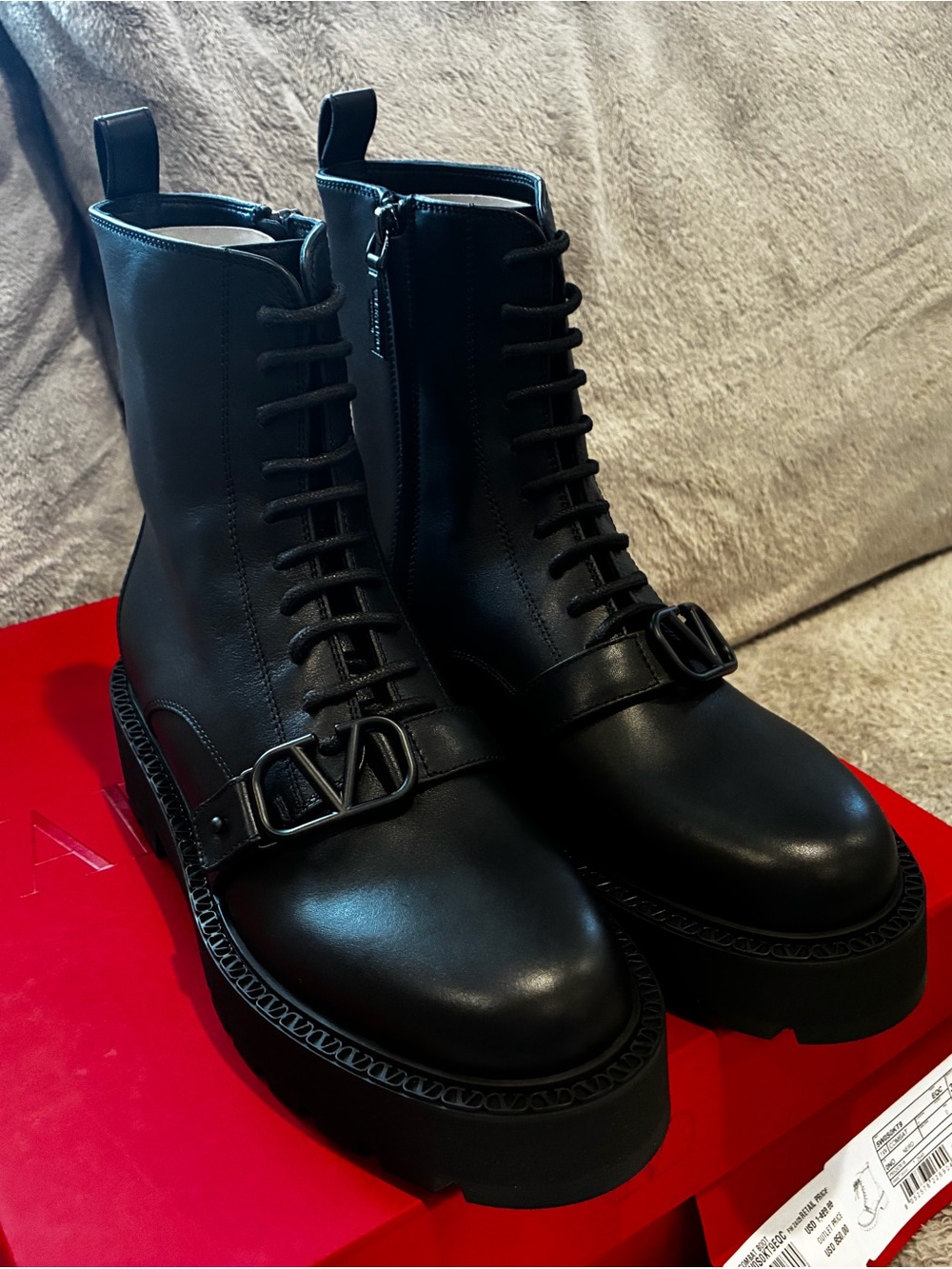 Valentino Black Leather Lace-Up Combat Boots with Signature V Buckle